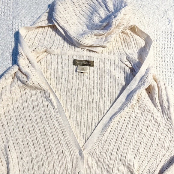 Tommy Bahama deep V hooded pop over cotton beachy open knit sweater. - Picture 2 of 4